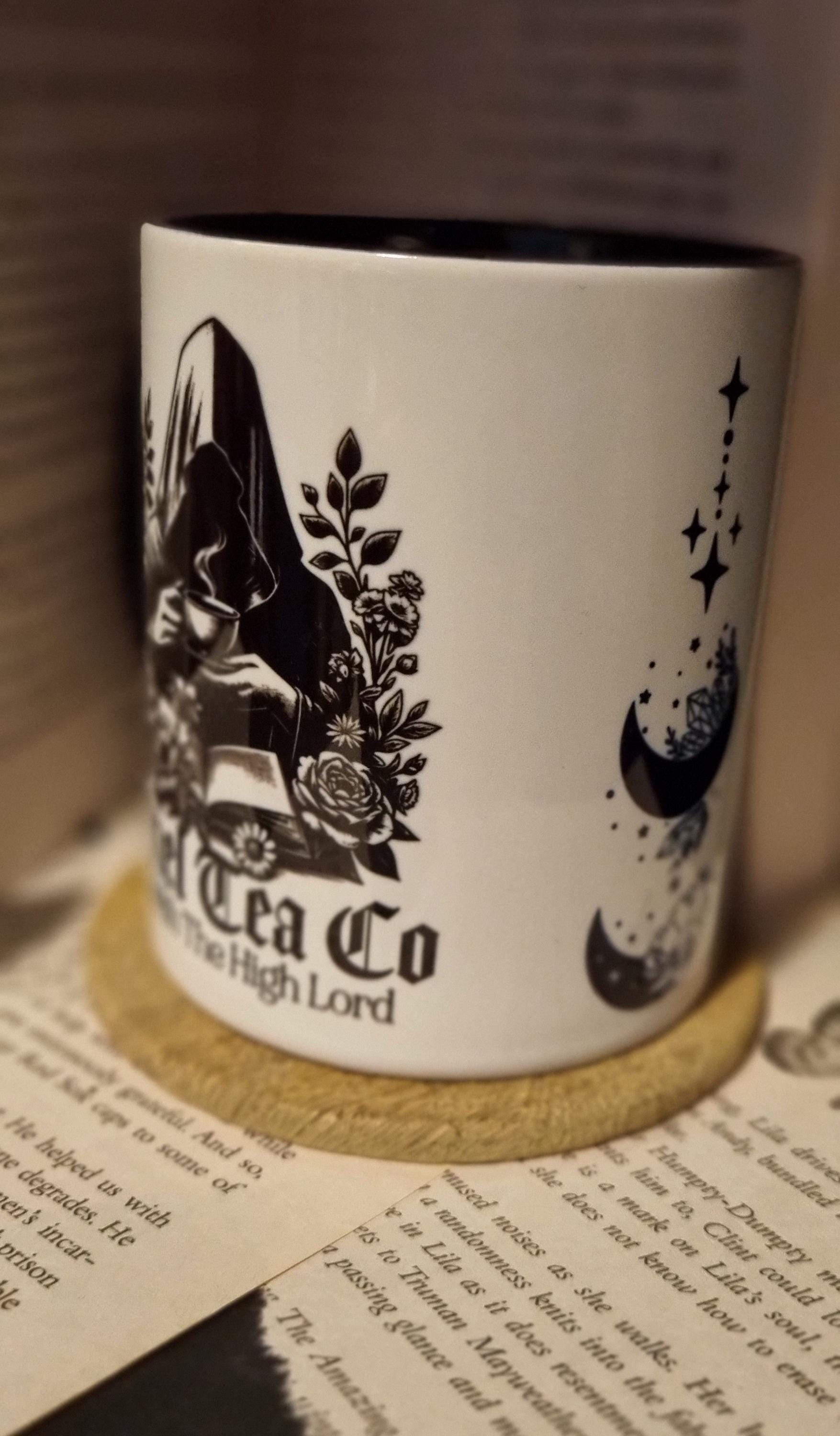Acotar themed mug gift featuring a dark fantasy design with floral and celestial elements
