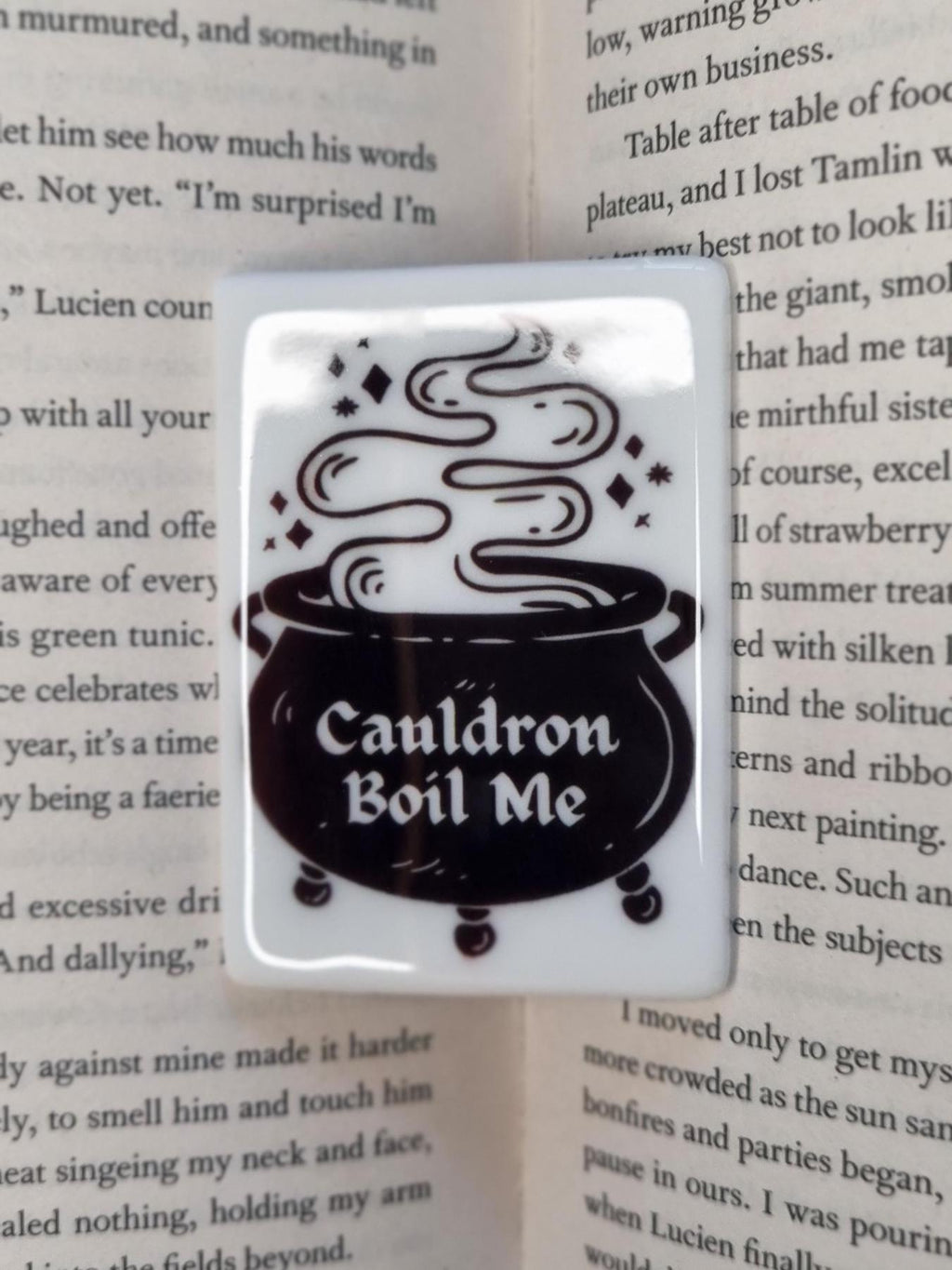Bookish fridge magnets UK featuring a black cauldron with steam and the text Cauldron Boil Me