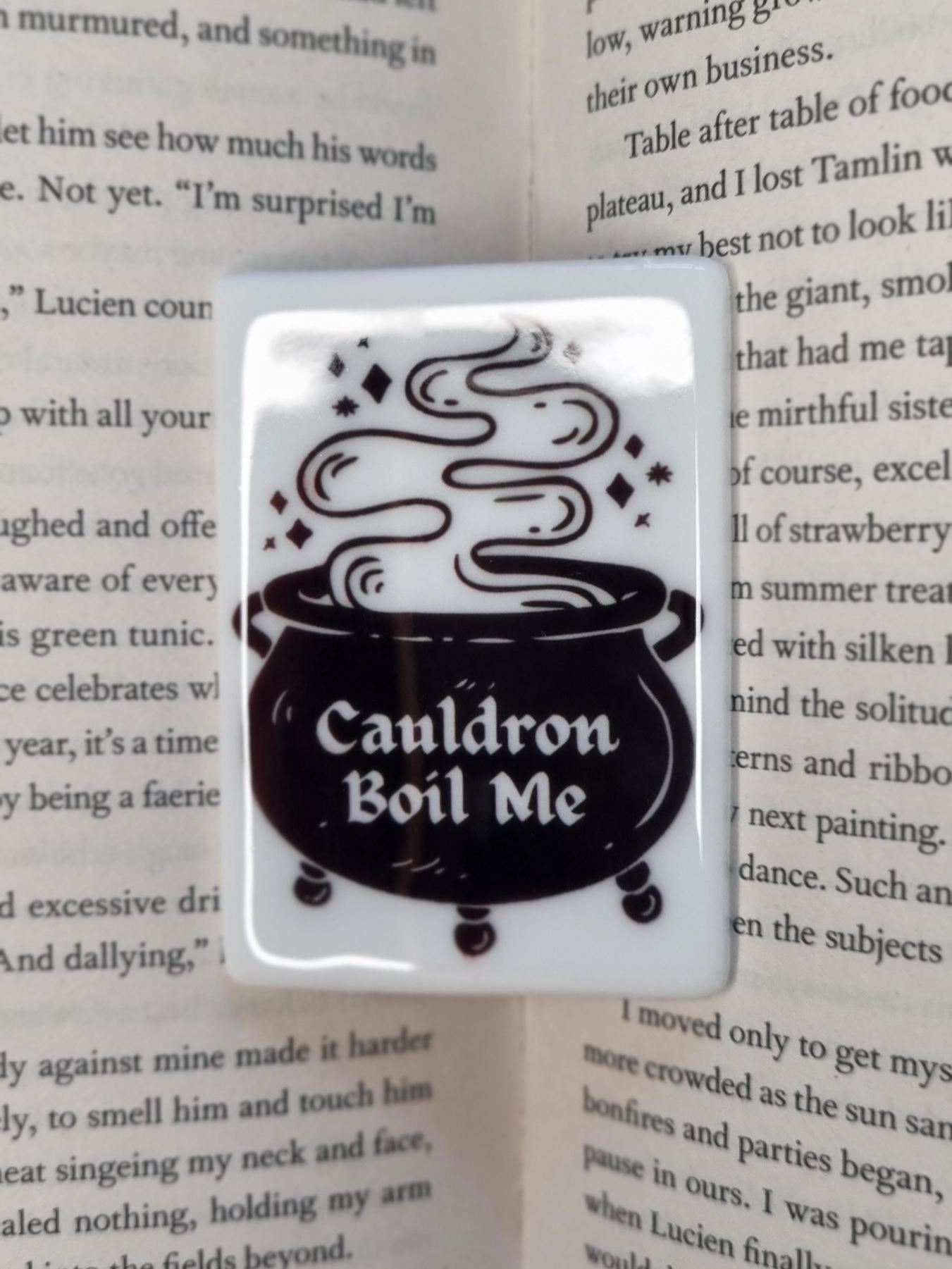Bookish fridge magnets UK featuring a black cauldron with steam and the text Cauldron Boil Me