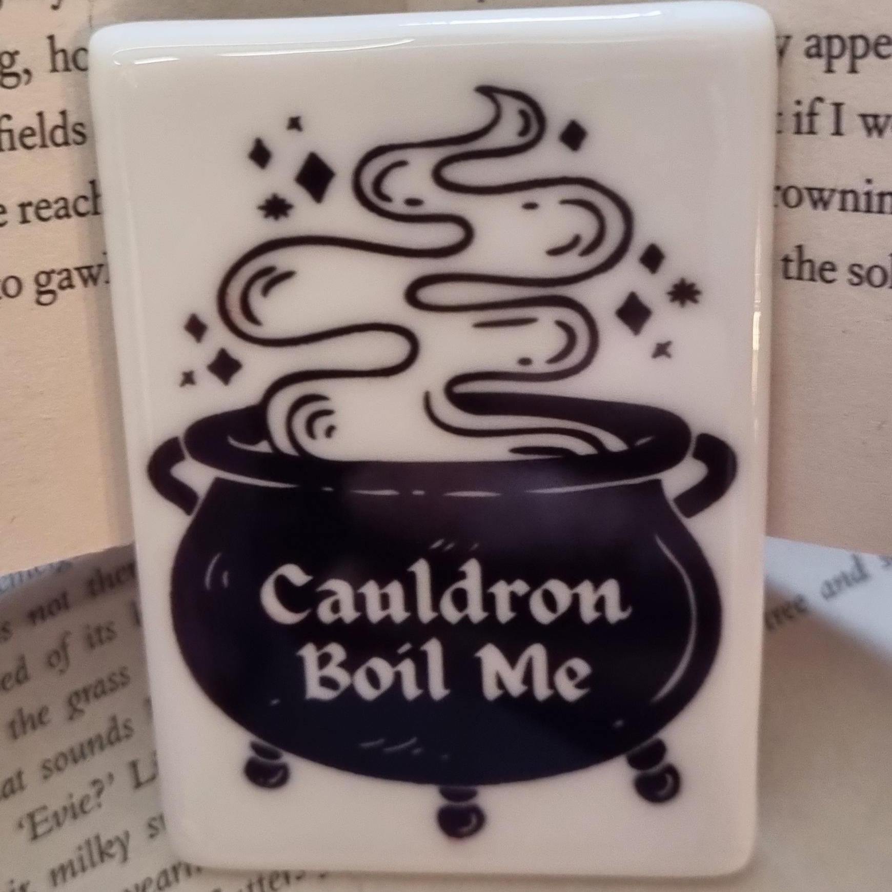 Bookish fridge magnets UK featuring a black cauldron with steam and text Cauldron Boil Me