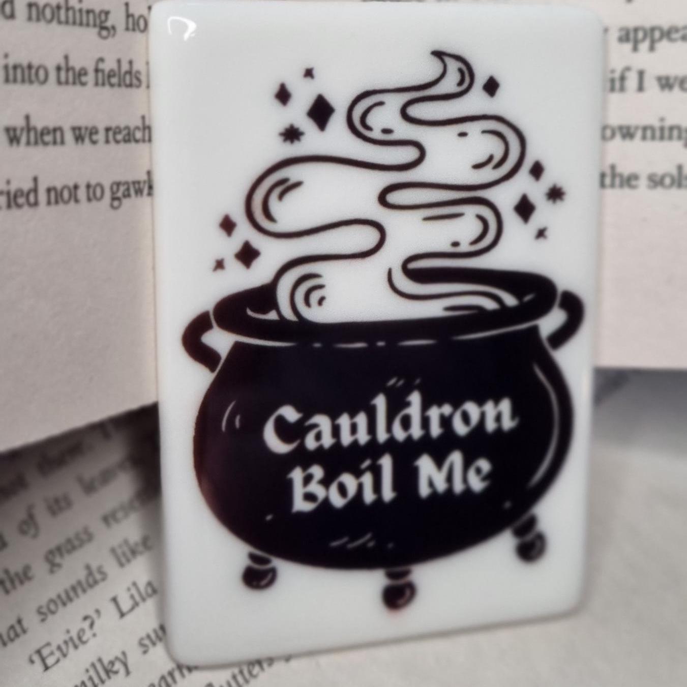 Cauldron Boil Me bookish fridge magnets UK with black cauldron and whimsical steam design