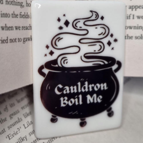 Cauldron Boil Me bookish fridge magnets UK with black cauldron and whimsical steam design