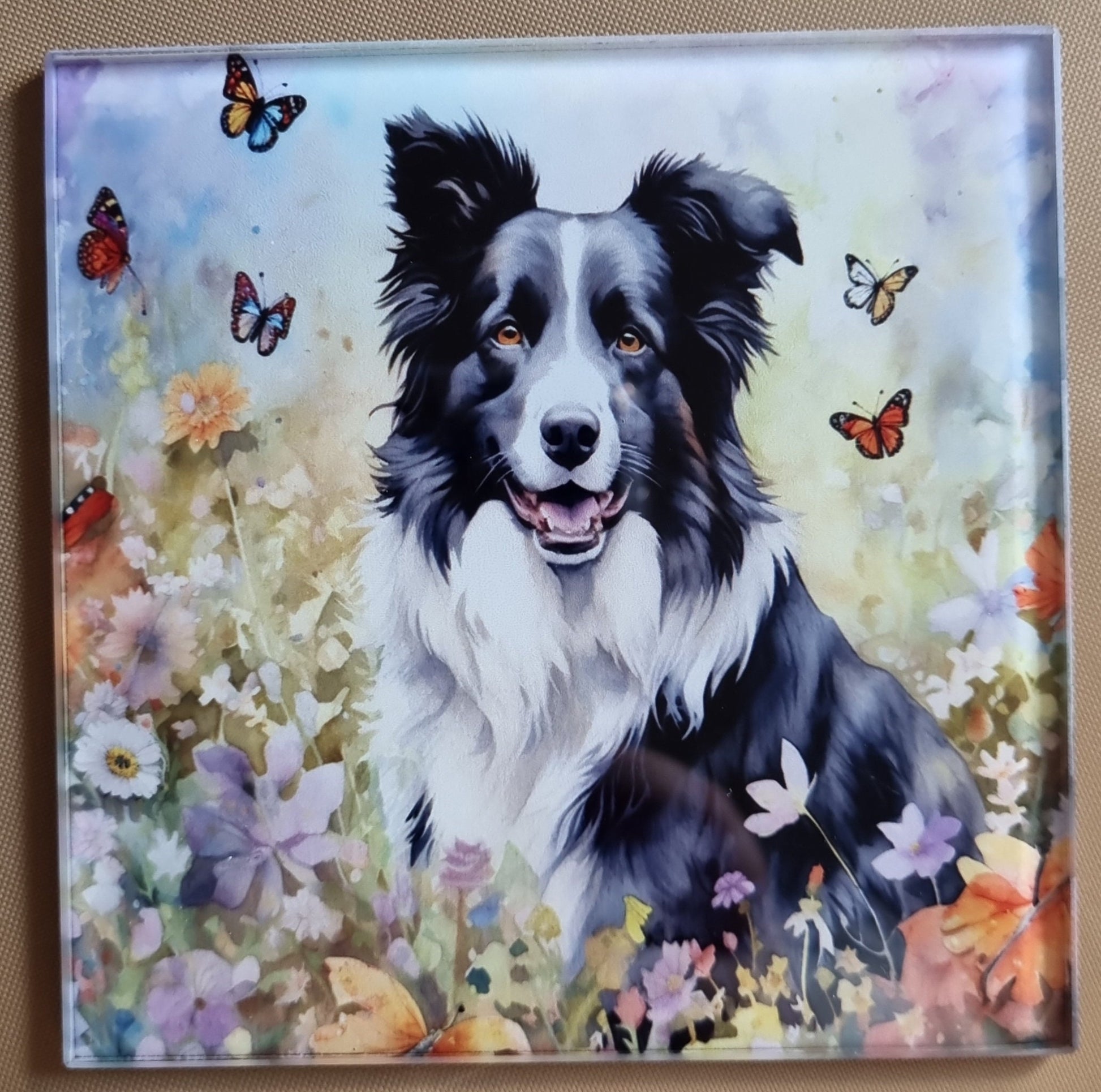 Border collie glass coaster featuring a detailed dog illustration with flowers and butterflies