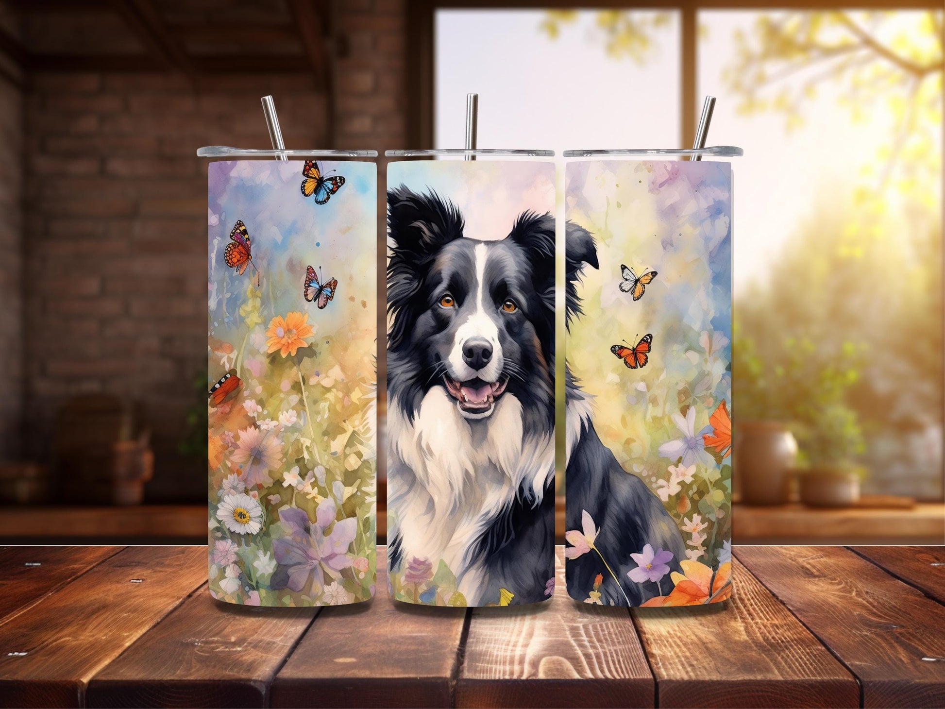 Border collie metal tumbler with colourful floral and butterfly design on wooden table