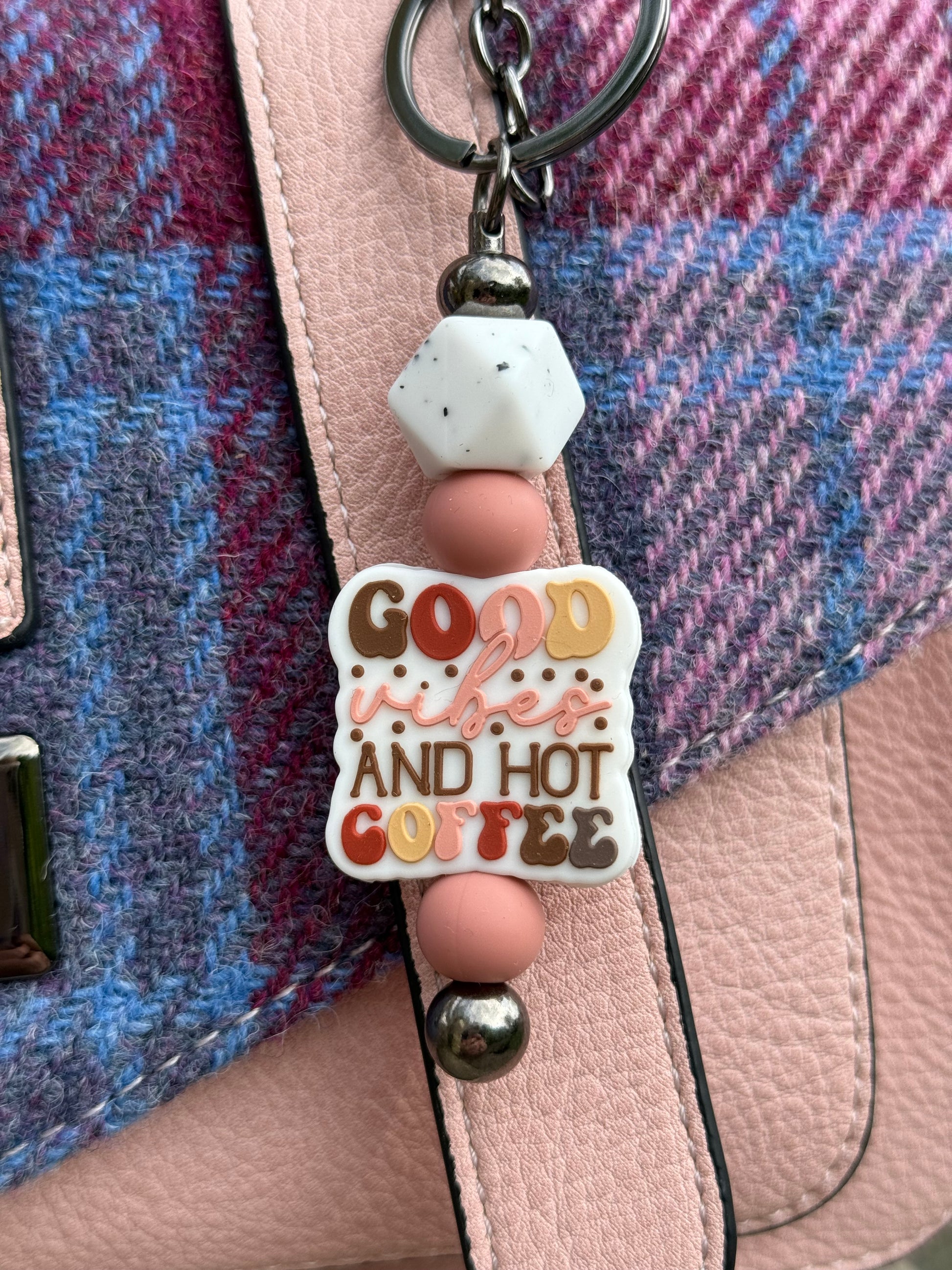 Cute coffee lover keyring with good vibes and hot coffee design and colourful beads attached to bag
