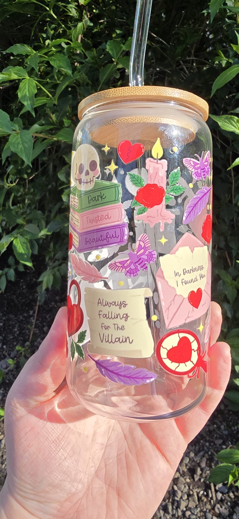 Sublimely Special dark romance tumbler with skull, candle, butterfly, and love letter design