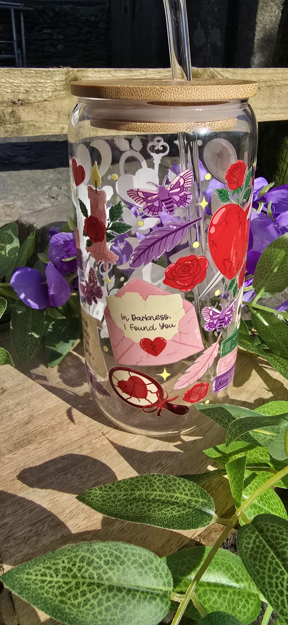 Sublimely Special dark romance tumbler with floral and butterfly design and wooden lid