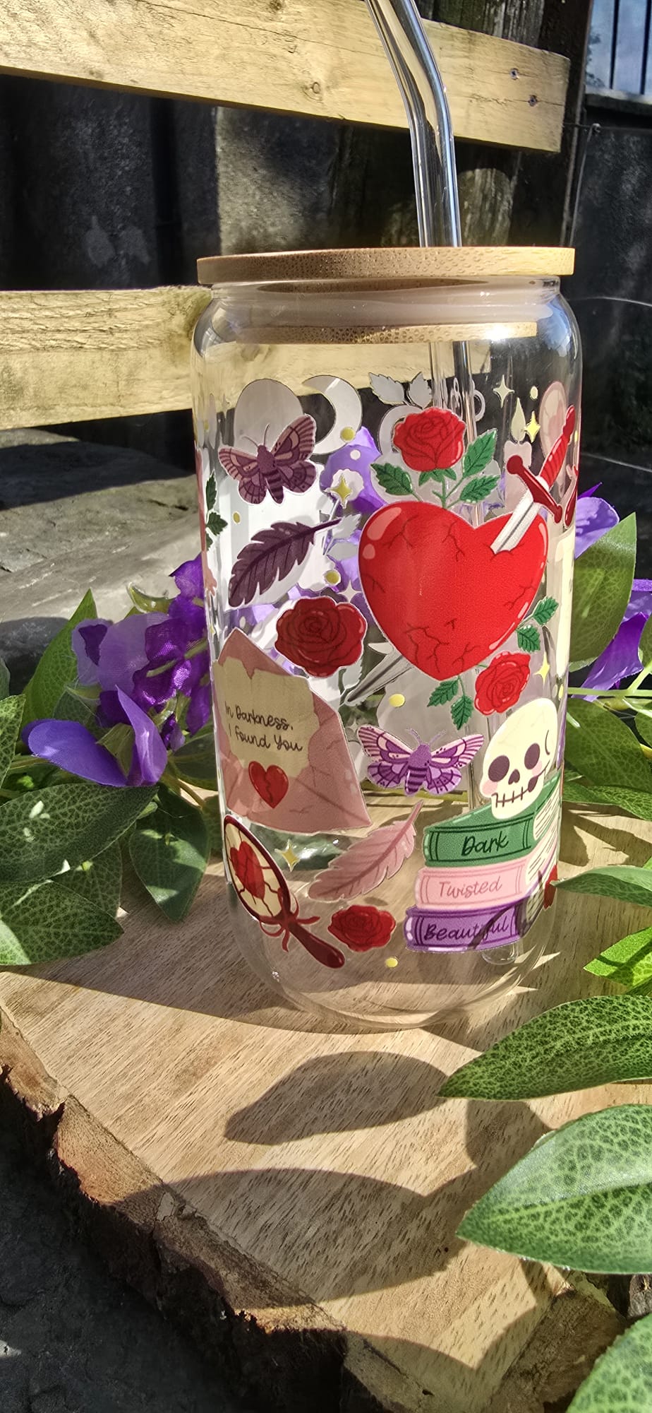 Sublimely Special dark romance tumbler with heart, skull, butterflies, and floral design with bamboo lid and metal straw