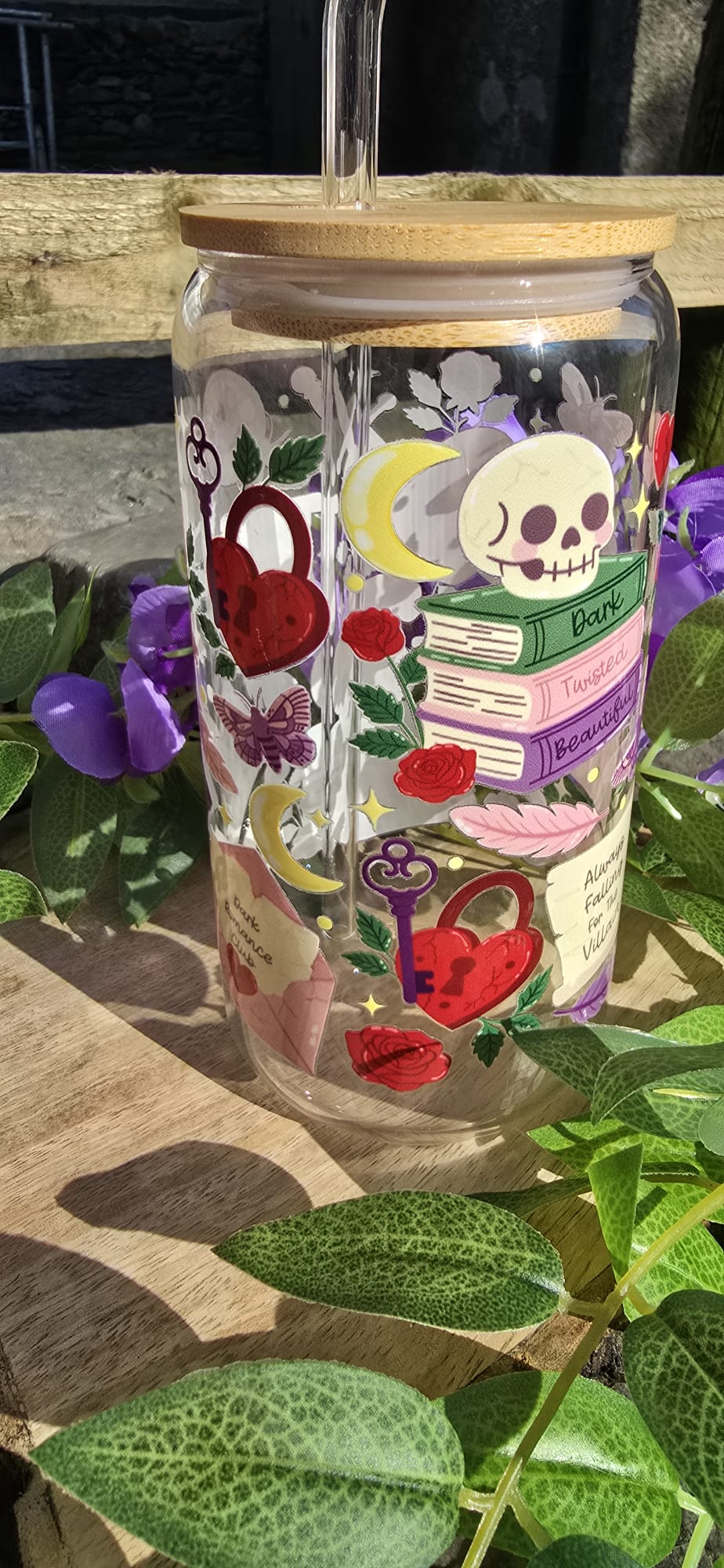 Sublimely Special dark romance tumbler with skull, books, roses, red heart locks, and moon design with bamboo lid