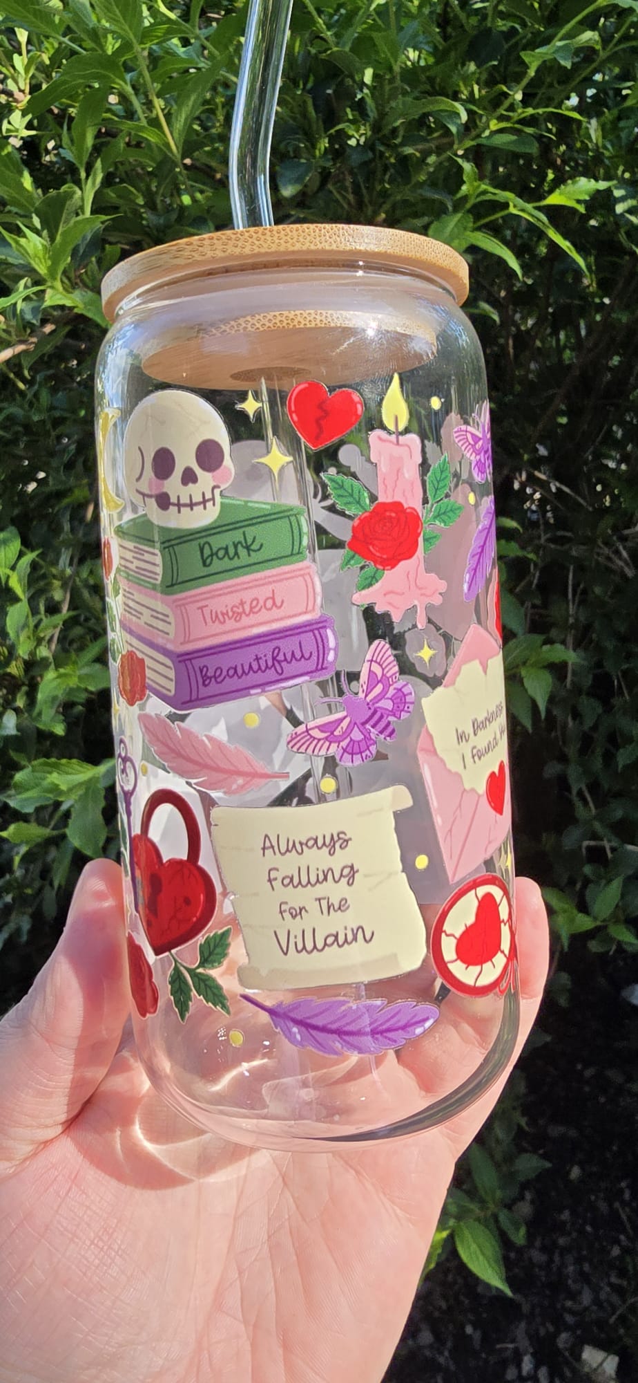 Clear dark romance tumbler with colorful gothic stickers and bamboo lid by Sublimely Special