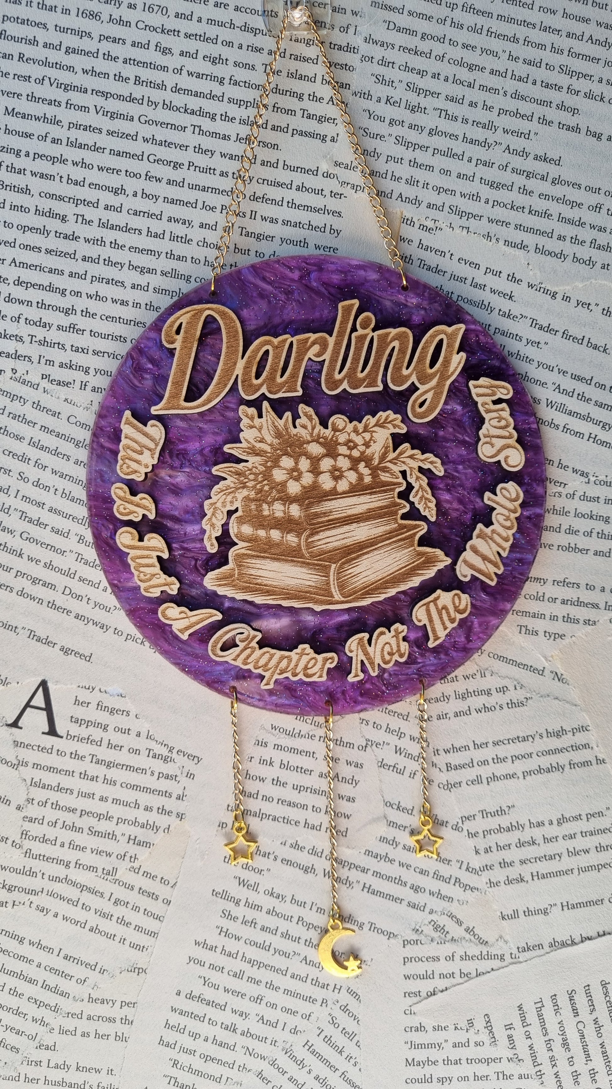 Sublimely Special just a chapter bookish ornament with stacked books design on purple background