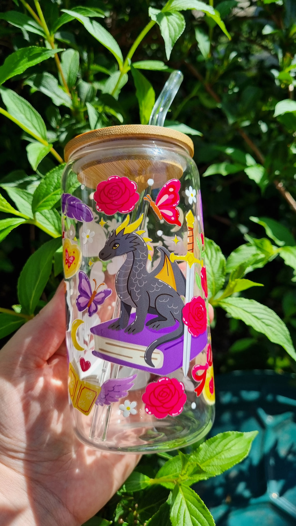 Sublimely Special dragon bookish glass tumbler with dragon on book and floral butterfly design
