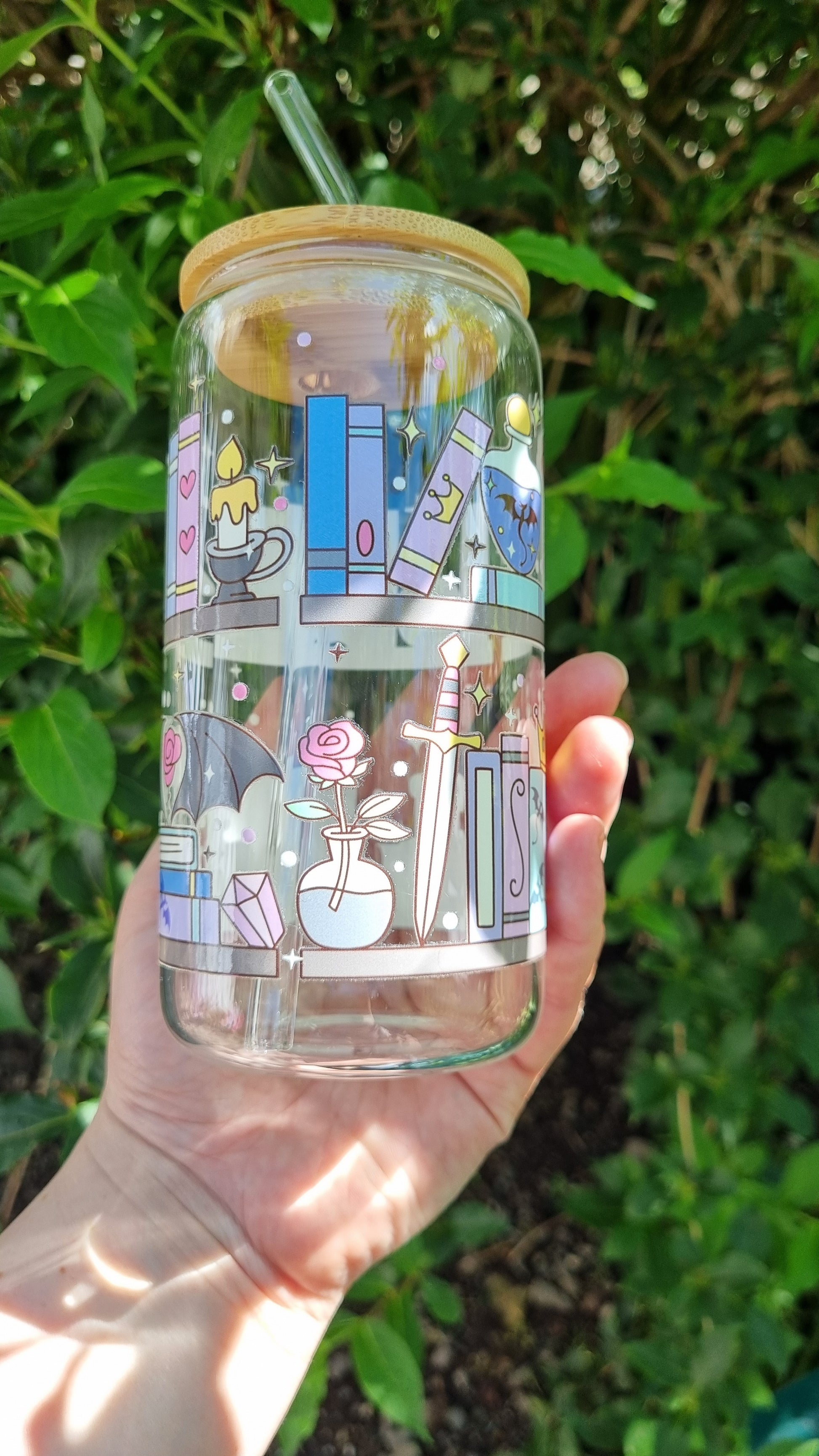 Sublimely Special fantasy bookshelf glass tumbler with colourful book and magic-themed illustrations