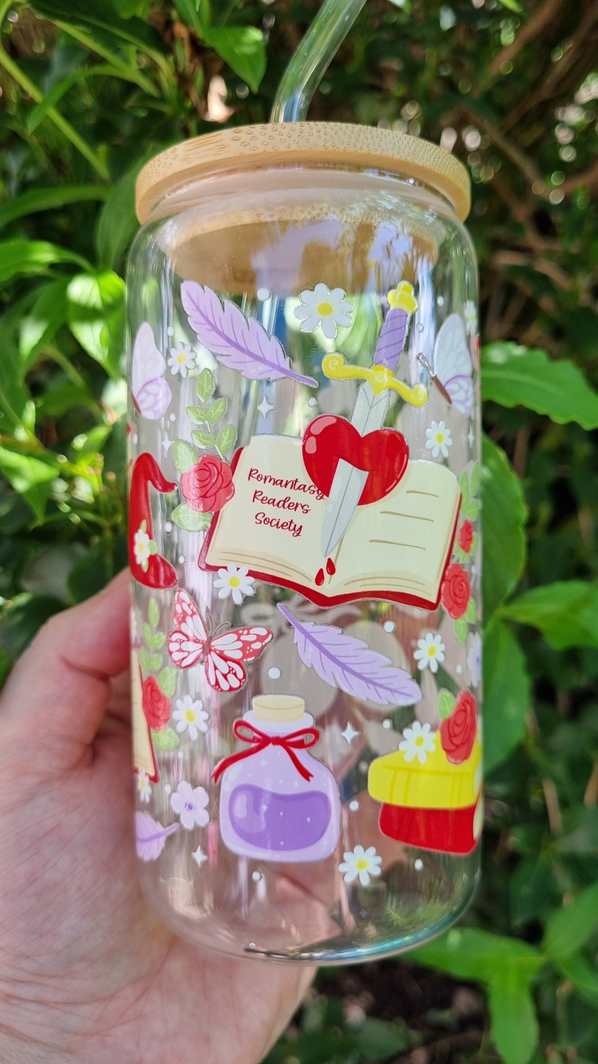 Sublimely Special fantasy romance bookish tumbler with heart, book, feather, and potion designs