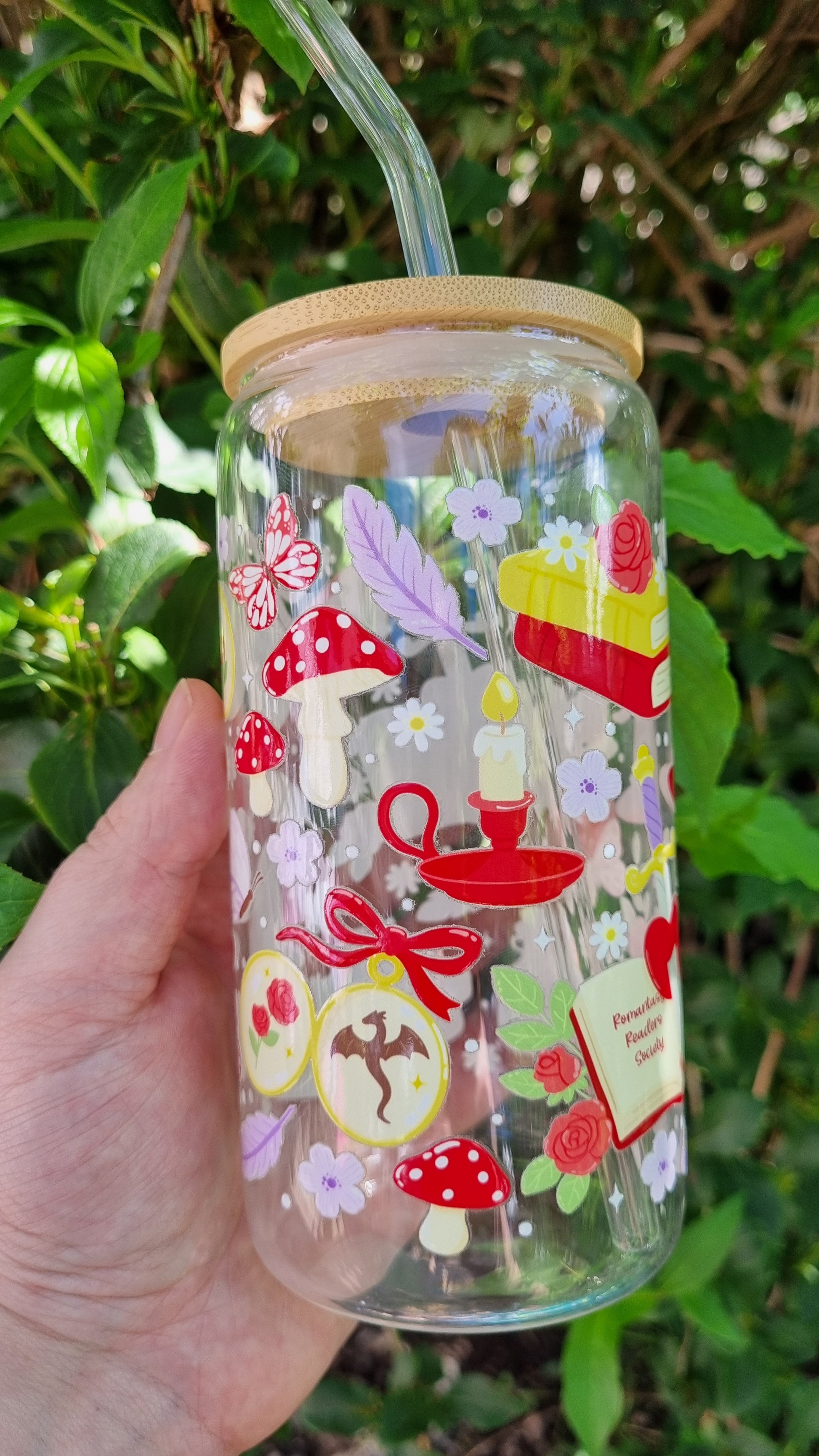Sublimely Special fantasy romance bookish tumbler with mushroom, book, candle, and floral designs