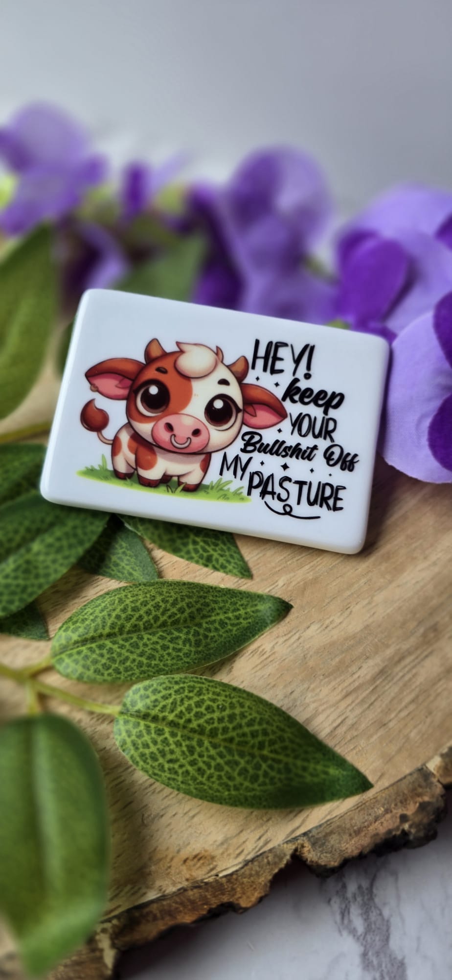 Funny cow fridge magnet with cute cartoon cow and humorous pasture quote by Sublimely Special