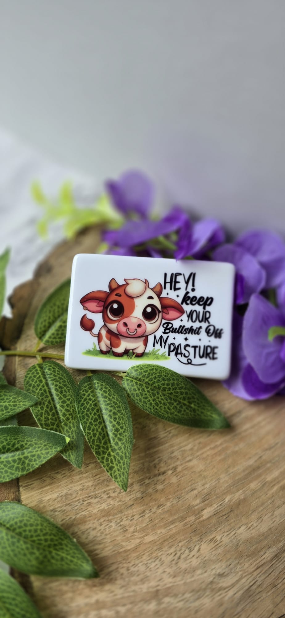 Funny cow fridge magnet with cute cartoon cow and humorous text on wooden surface with purple flowers