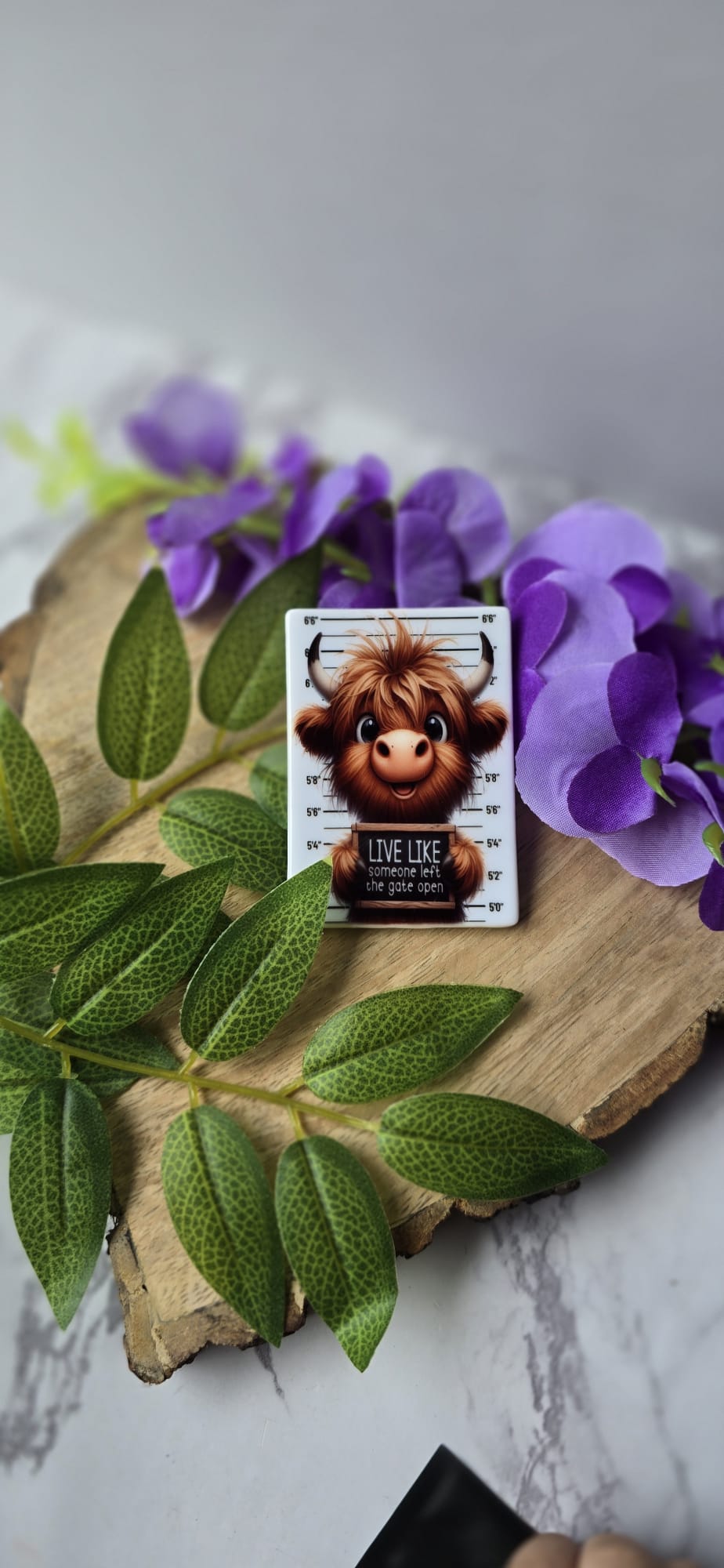 Cute highland cow fridge magnet with inspirational quote displayed on wooden board with purple flowers and green leaves