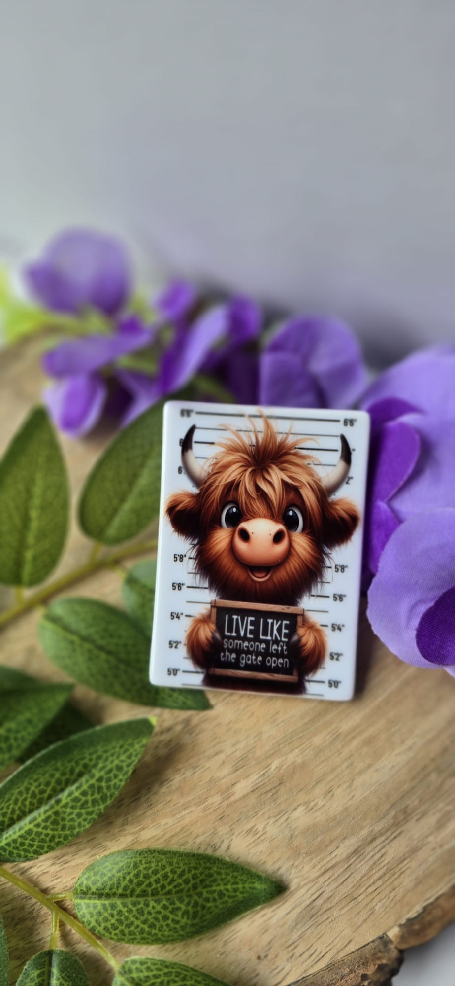 Cute highland cow fridge magnet with a smiling face and humorous quote, displayed with purple flowers