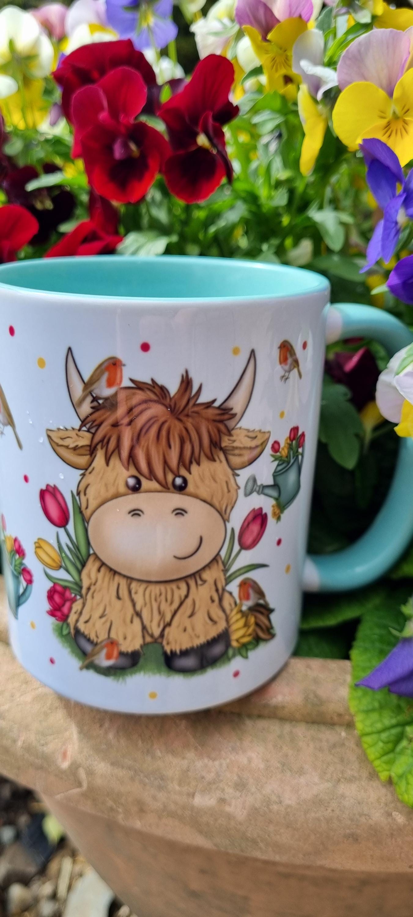 Cute highland cow gift for animal lovers ceramic mug with colourful floral design