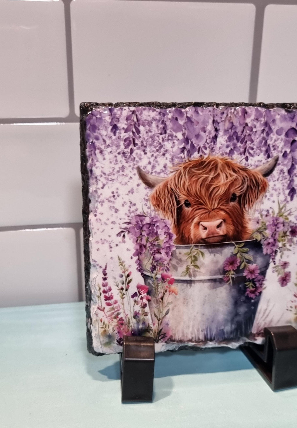 Lilac highland cow coaster with detailed purple floral background and cute cow illustration