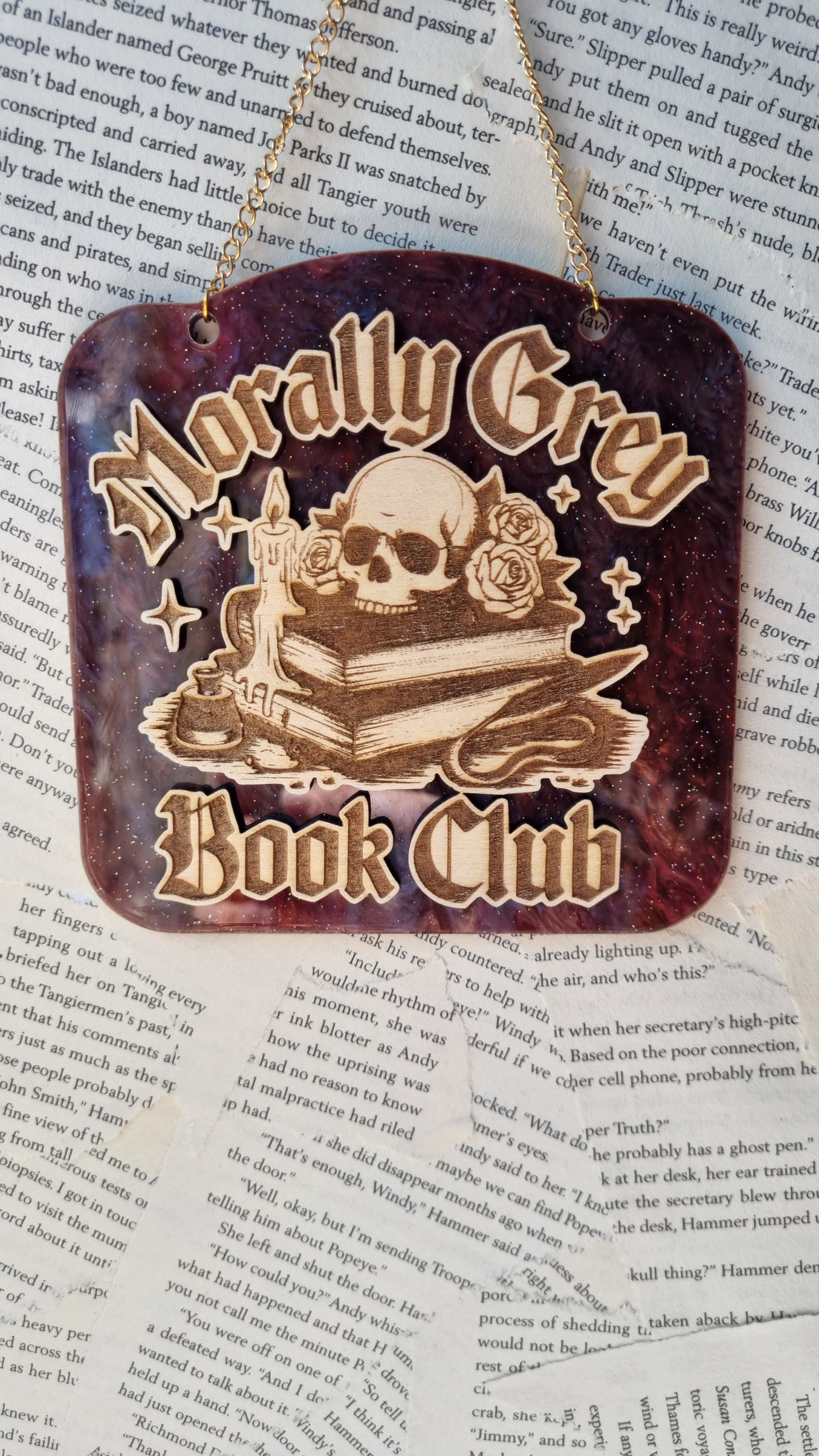 Morally grey book club ornament featuring skull, candle, and books design by Sublimely Special