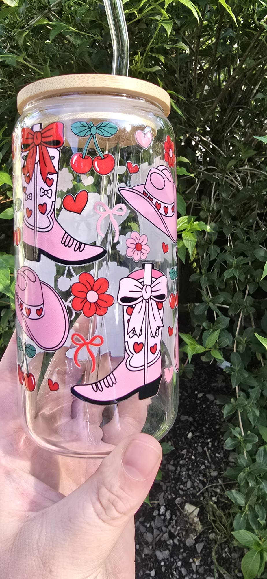Sublimely Special pink cowgirl glass tumbler with straw featuring boots hats cherries and flowers design