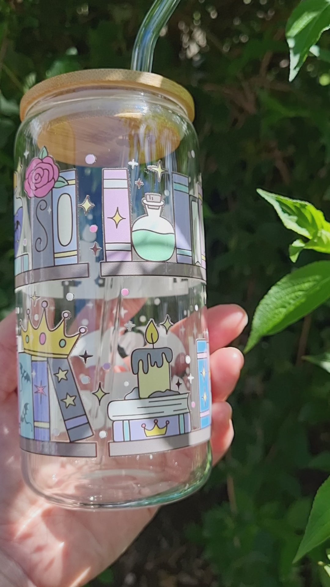 Fantasy Bookshelf Glass Tumbler with Lid