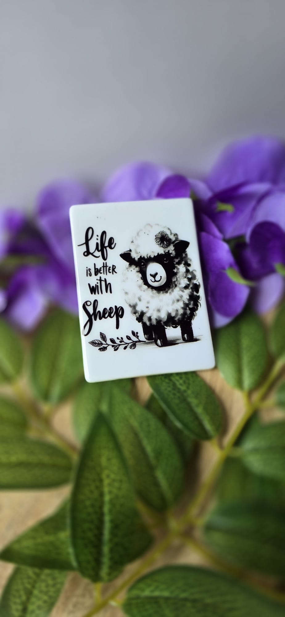 Cute sheep fridge magnet gift with Life is better with sheep text and fluffy sheep design