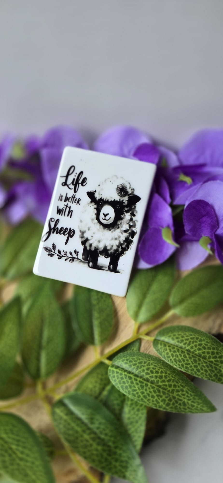 Cute sheep fridge magnet gift with Life is better with sheep quote on white background