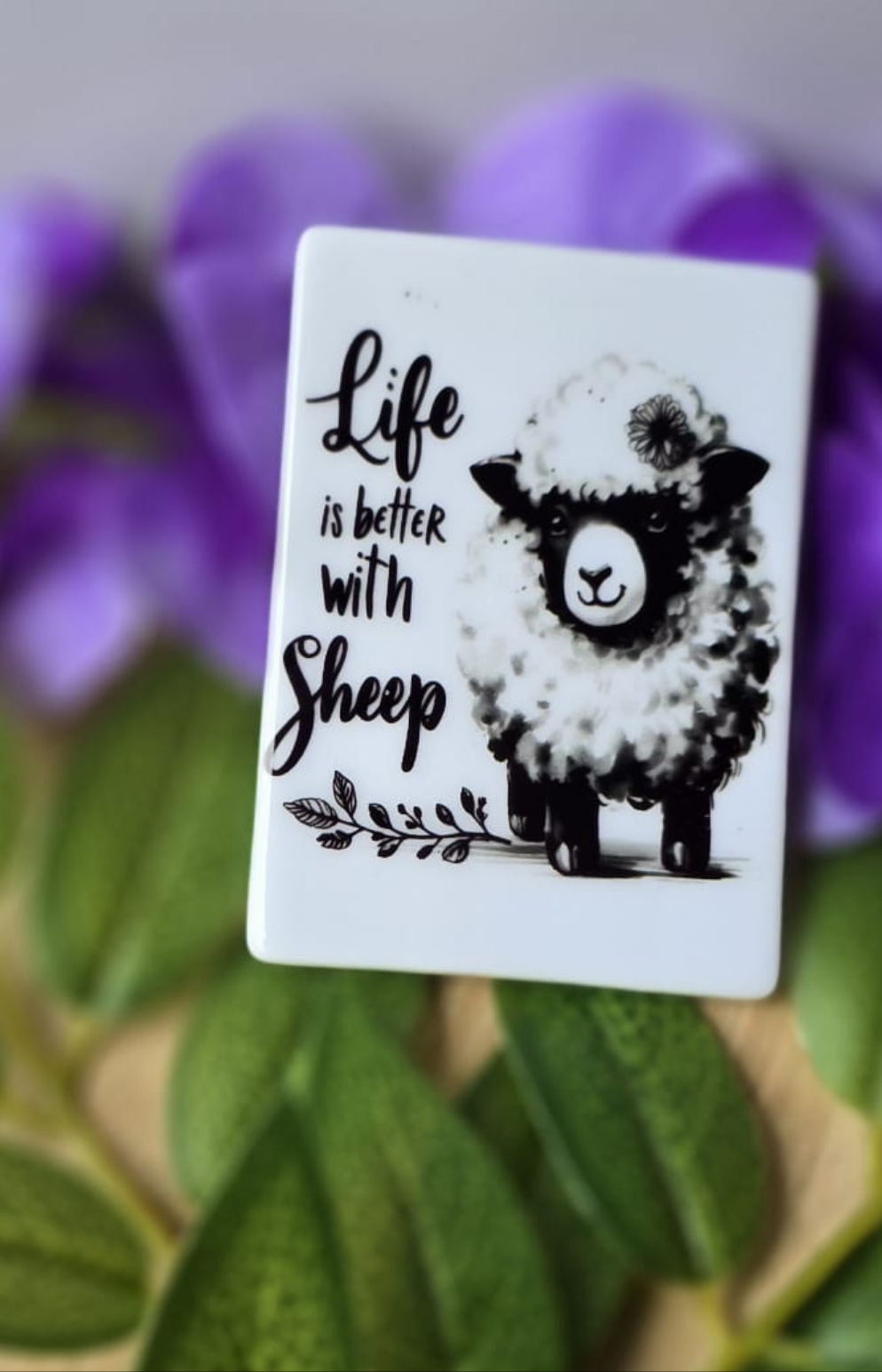 Cute sheep fridge magnet gift with Life is better with Sheep text and floral background