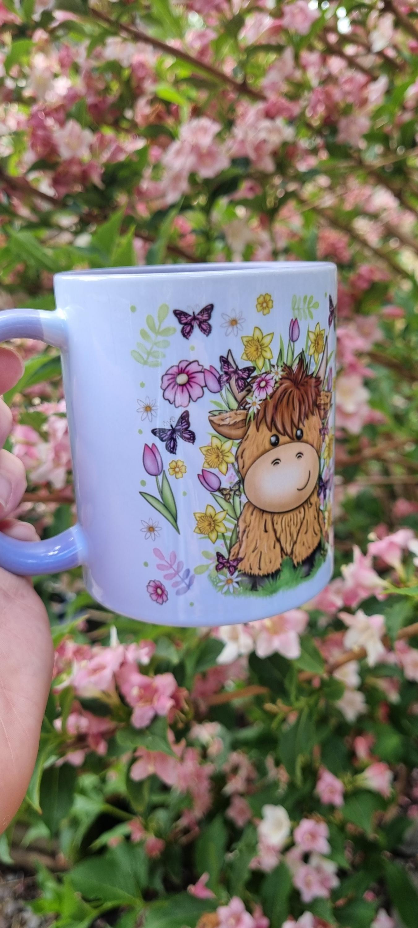 Spring cow coffee cup with cute cow and floral design 