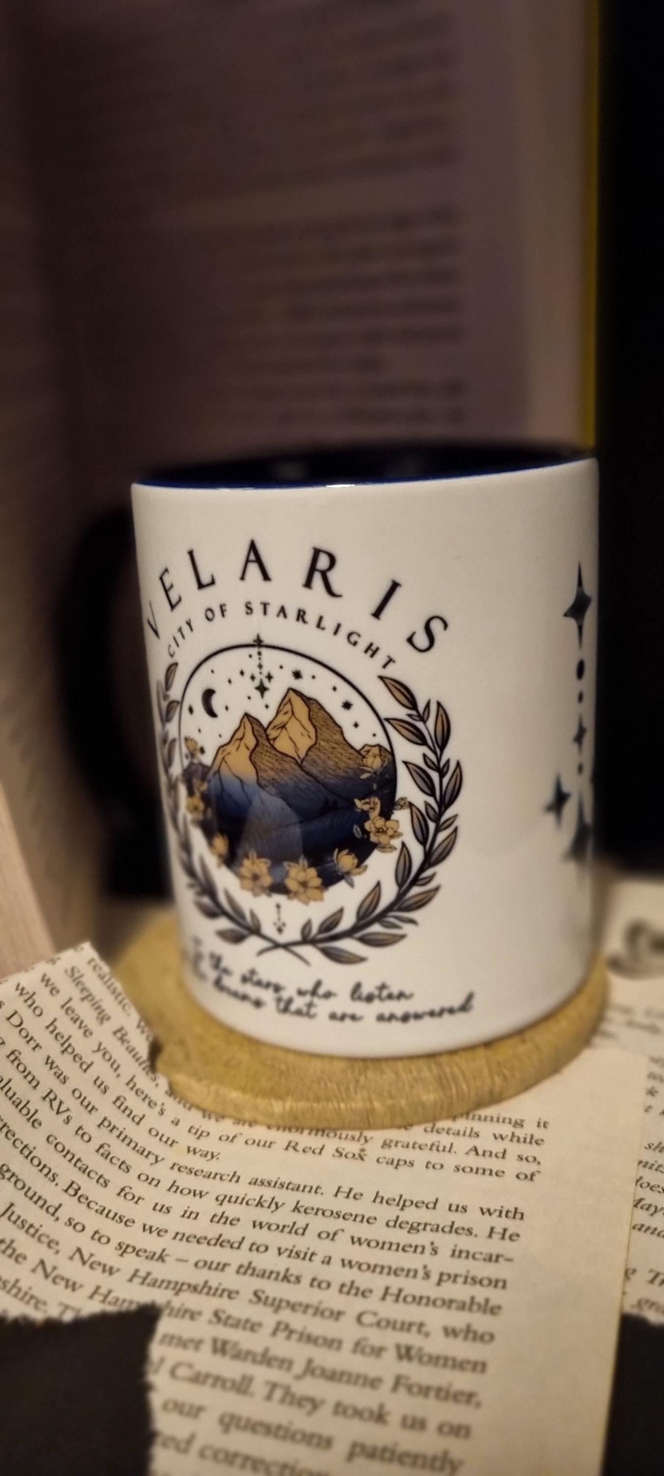 Velaris City of Starlight mug featuring mountain and starry night design with decorative text