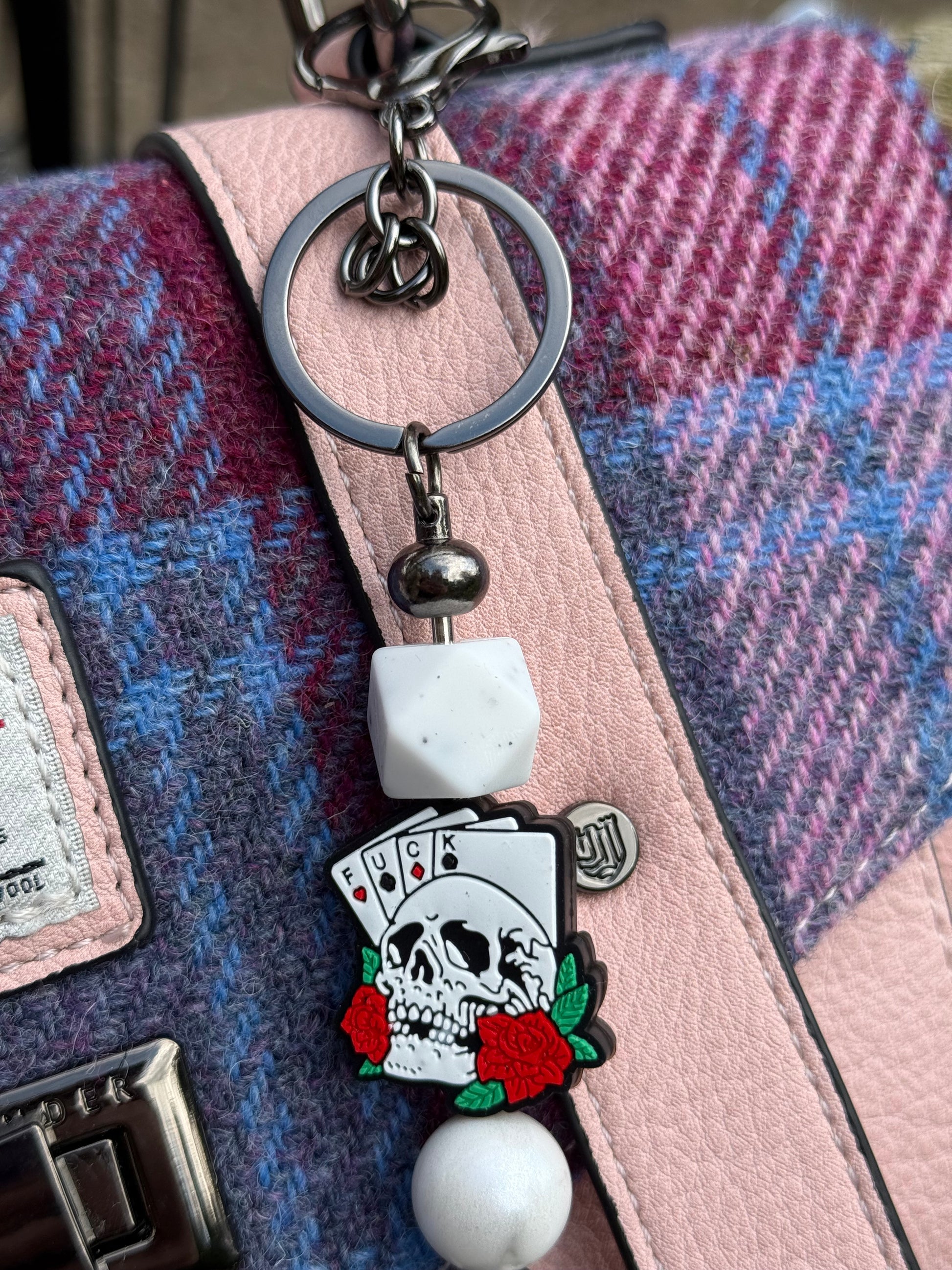 Morally grey fantasy book accessory keychain with skull and playing cards by Sublimely Special