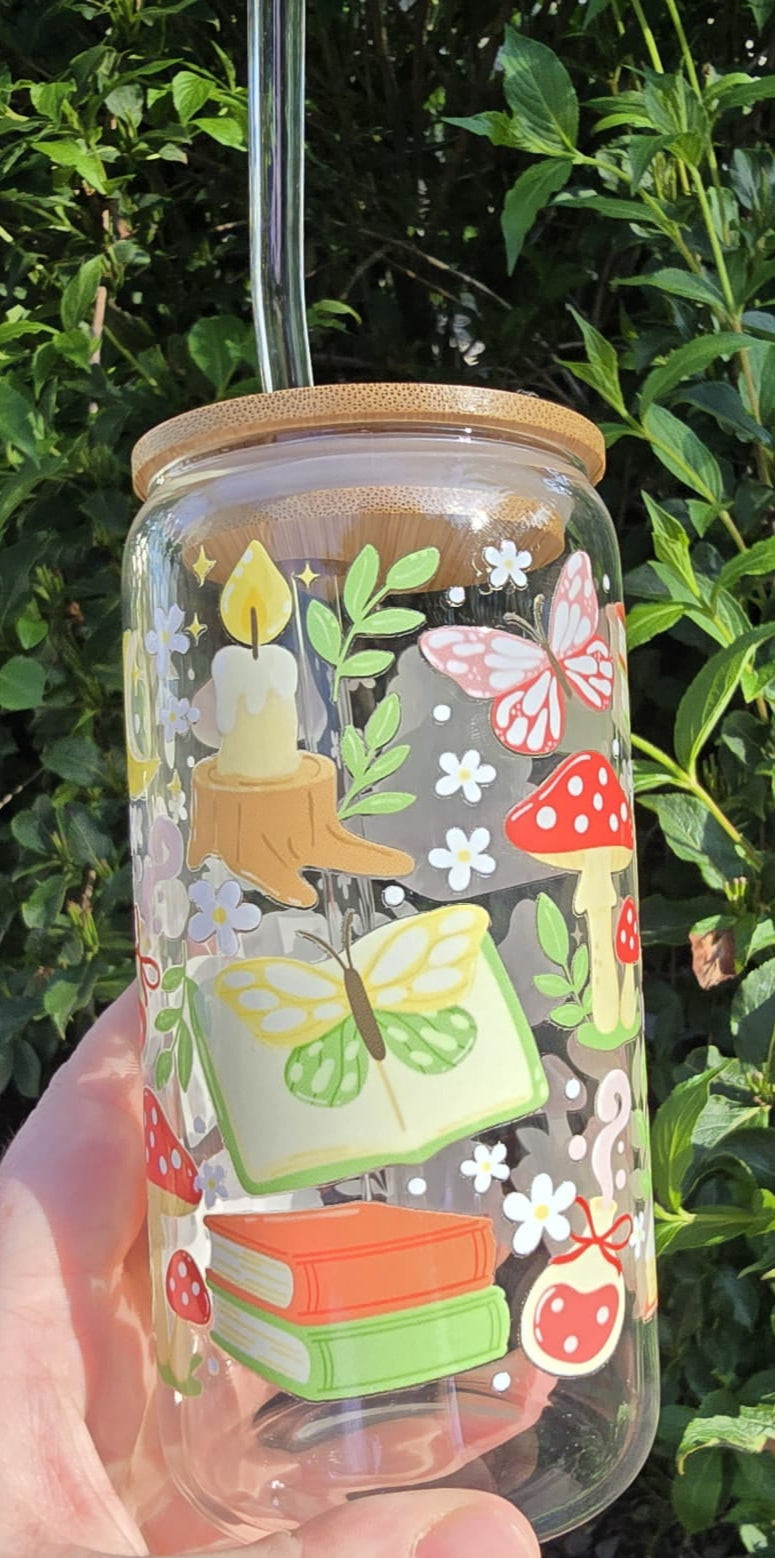 Sublimely Special whimsical frog tumbler with colourful butterflies mushrooms and stacked books design