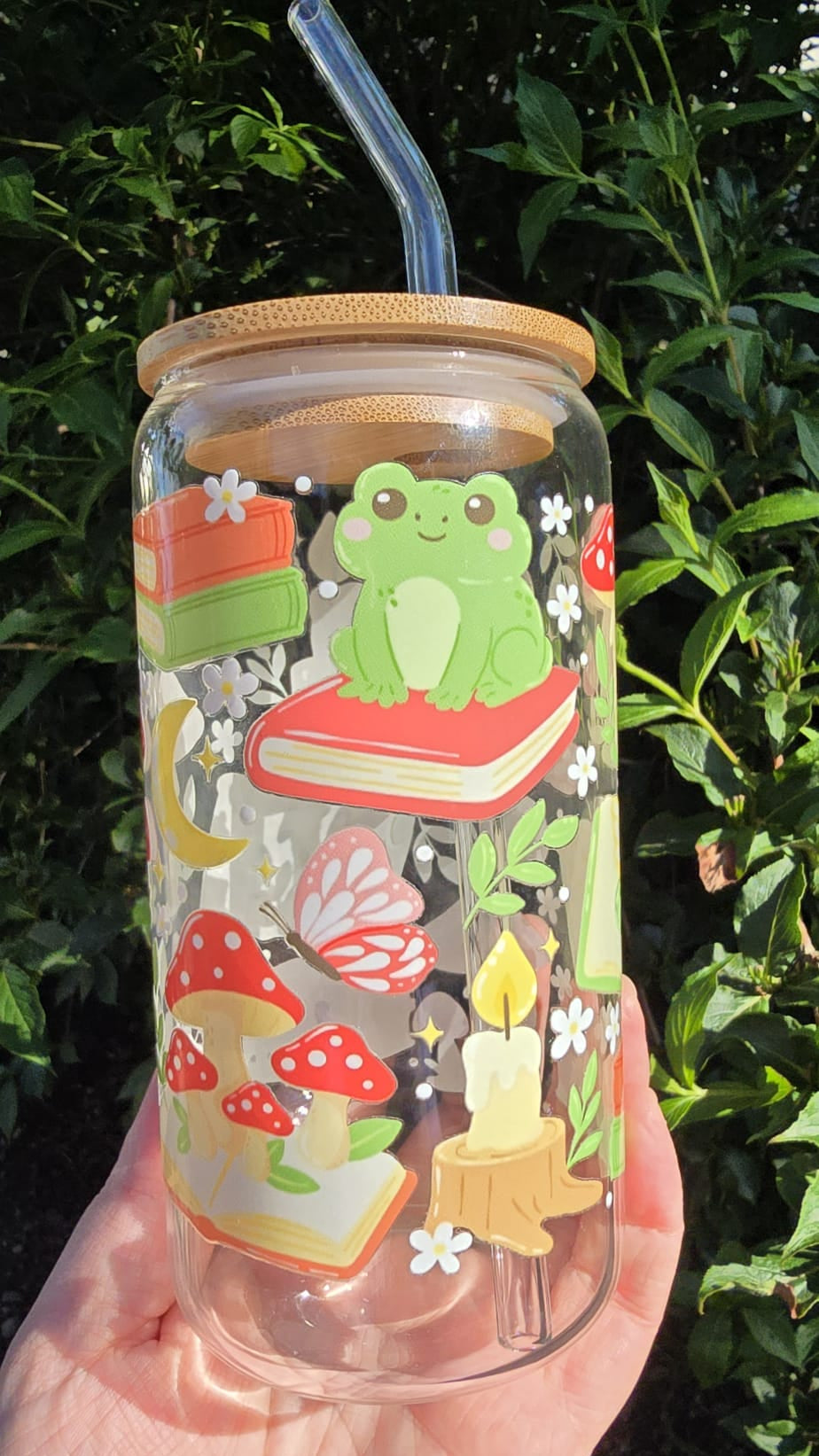 Sublimely Special whimsical frog tumbler with colourful book and mushroom illustrations and bamboo lid