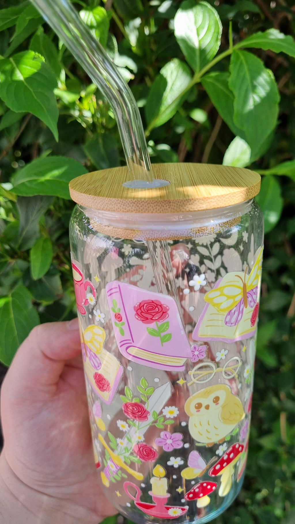 Whimsical owl glass tumbler with colourful floral and book illustrations, bamboo lid and straw