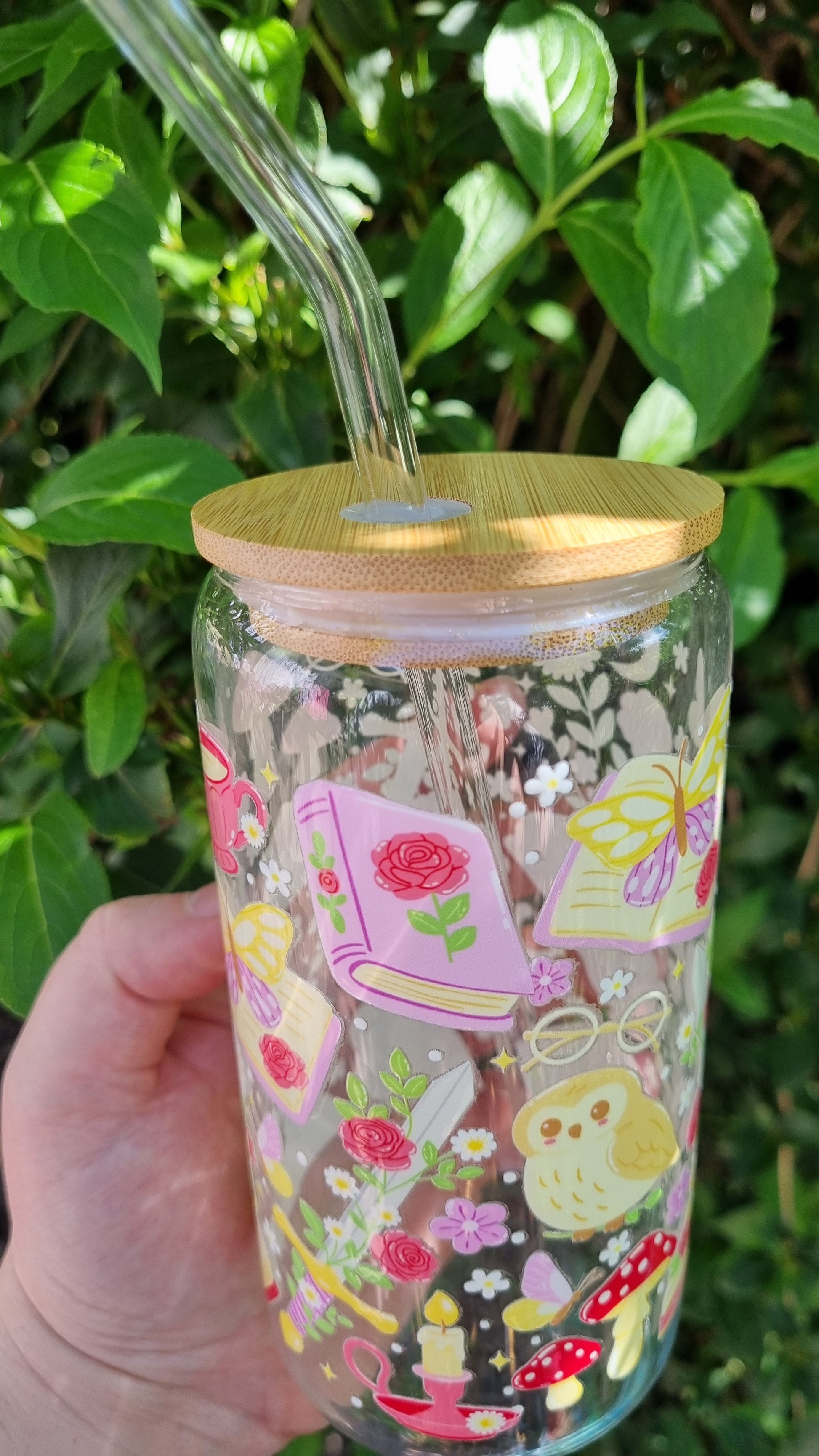 Whimsical owl glass tumbler with colourful floral and book illustrations, bamboo lid and straw
