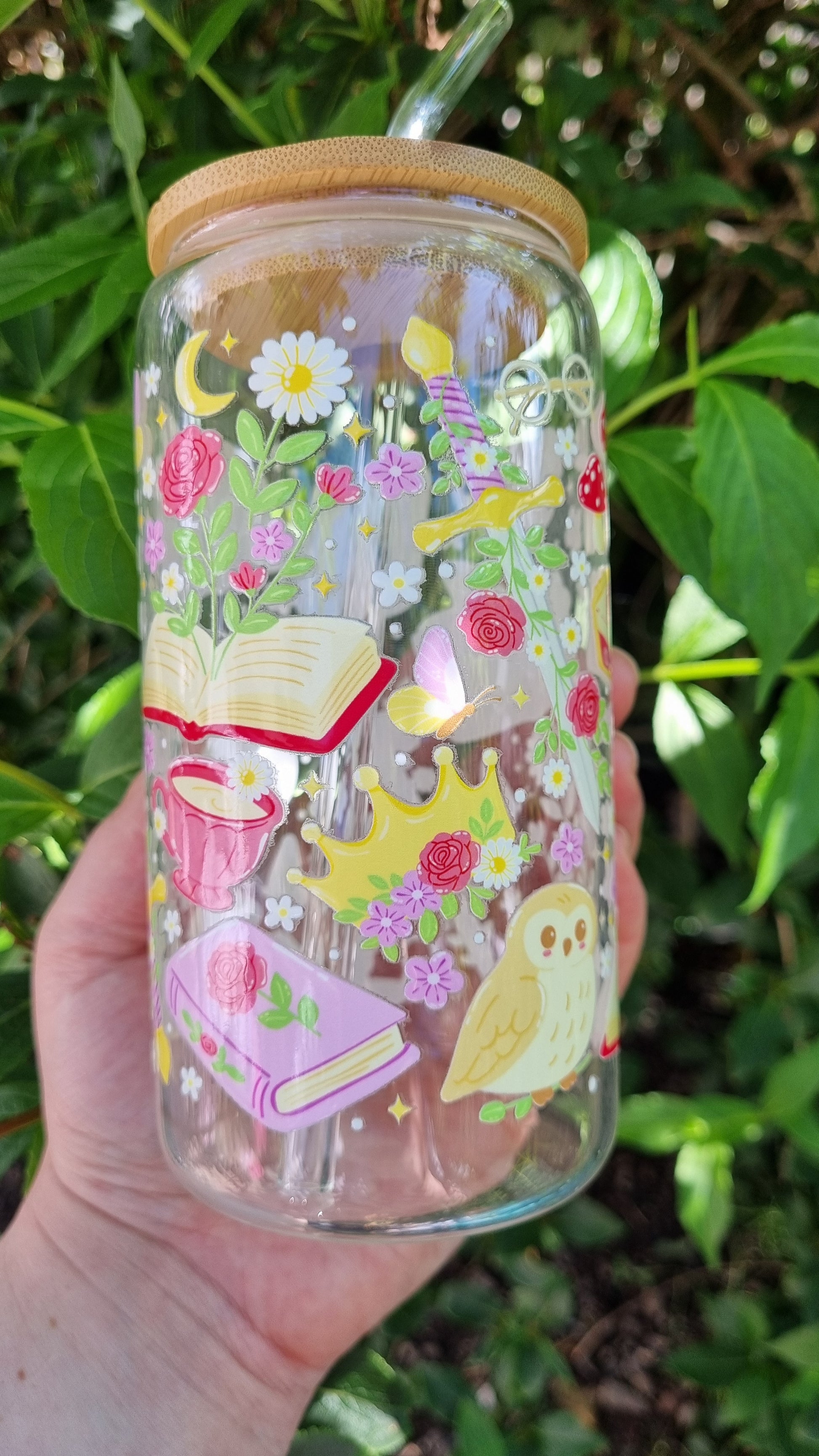 Whimsical owl glass tumbler with colourful floral and book illustrations, bamboo lid and clear straw