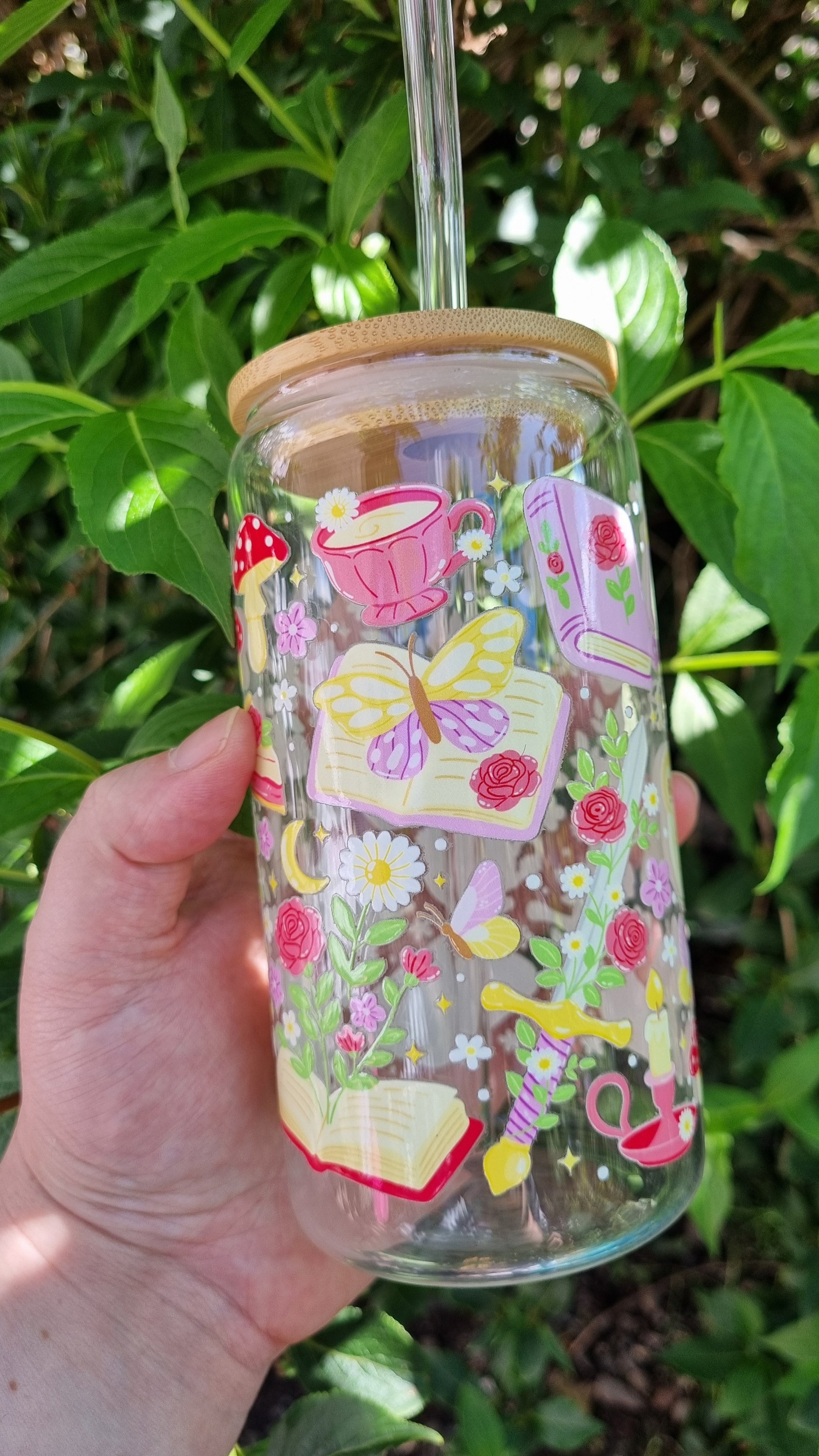 Whimsical owl glass tumbler with colourful floral and butterfly designs, wooden lid and reusable straw